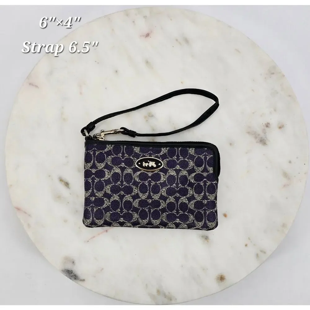Coach Signature Jacquard Wristlet Deep‎ Purple & Tan